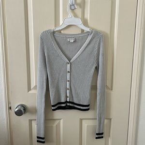 Gray Long Sleeve with Brown Buttons and Black Stripes